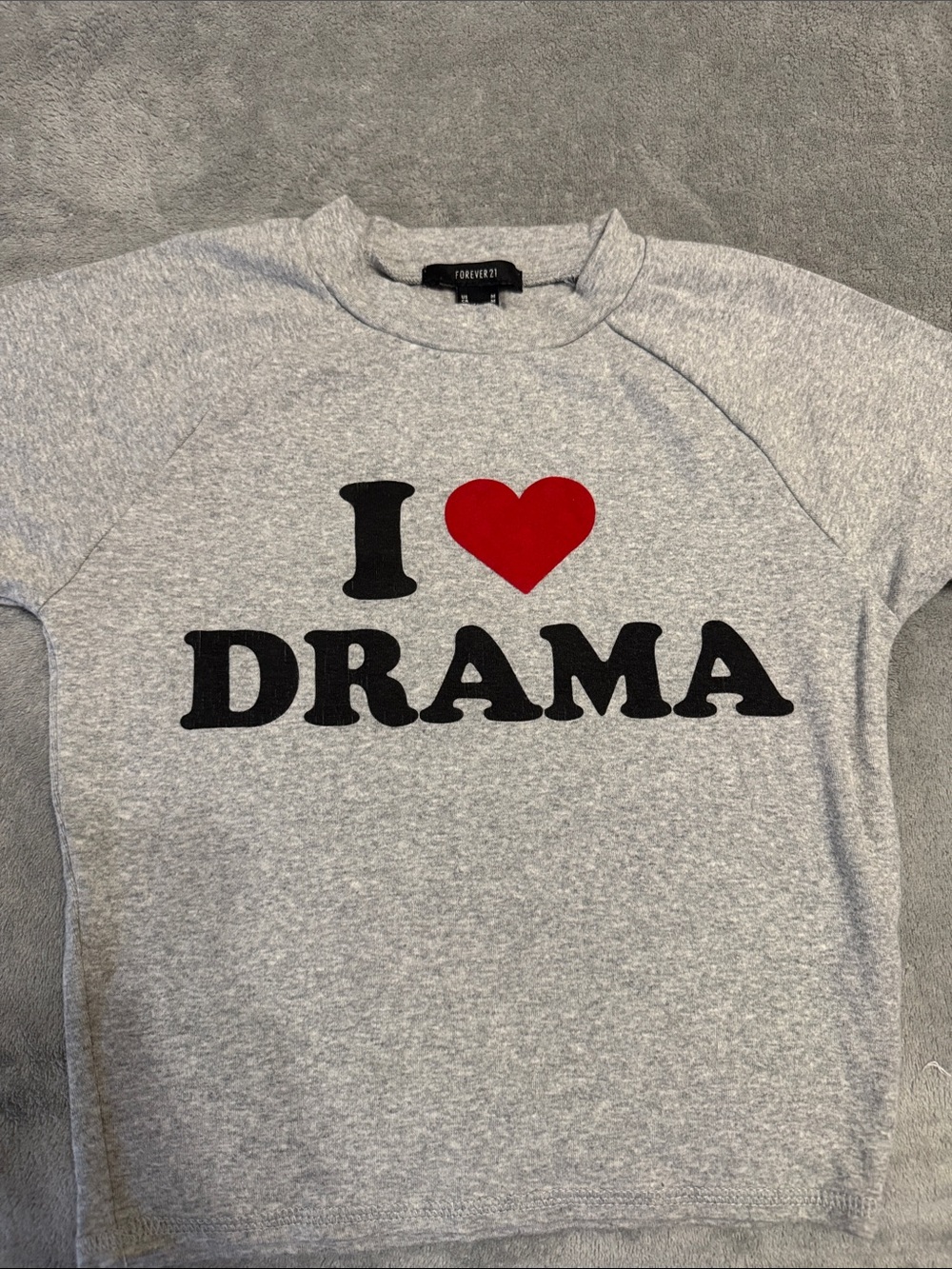 Forever 21 Gray Crop Top with Red Heart "I ♥ DRAMA"